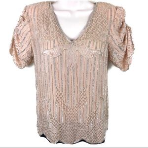 Vintage Art Deco 1920’s Flapper Beaded Pink Silk Scalloped Top Puff Sleeves